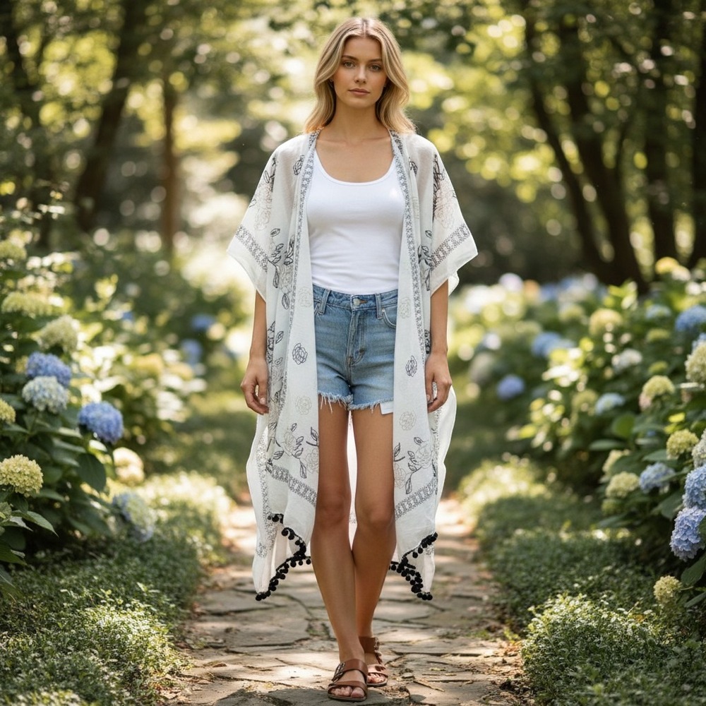 Boho Floral Sheer Gossamer Kimono Cocoon Cardigan Pom Pom Trim Open Front Wrap